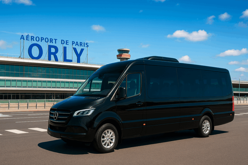 Location de bus à l'aéroport d'Orly 2 Minibus luxe 25 places stationné devant l’aéroport de Paris-Orly pour les transferts de groupes et navettes privées.