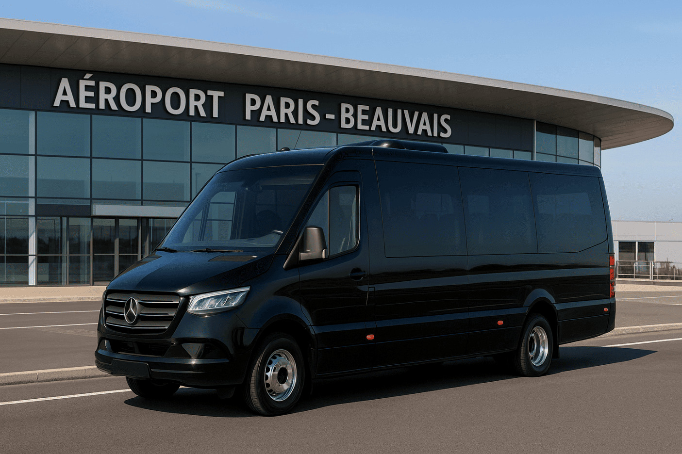 Minibus luxe 25 places stationné devant l’aéroport de Paris Beauvais BVA pour les transferts de groupes et navettes privées.
